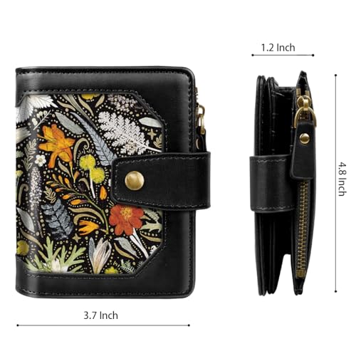 Image of Women Leather Wallet RFID Blocking Small Bifold Zipper Pocket Wallet Card Case Purse with ID Window, Dried Flowers