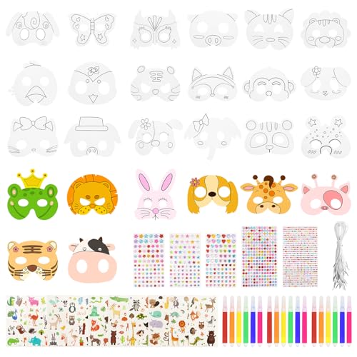 ZYNERY 26 Stück Masken Basteln Kinder Tier Maske zum Ausmalen Kind Papier Blanko Masken zum Bemalen Kinder mit 18 AquarellPinsel Tiermasken zum Bemalen für Kindergeburtstag Halloween Fasching