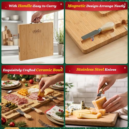 UTCG Charcuterie Board Gifts for Women: Bamboo Folding Cheese Board with Knife Set - Unique White Elephant Gift, Christmas Birthday Party House Warming Gift for Mom Wife Girlfriend