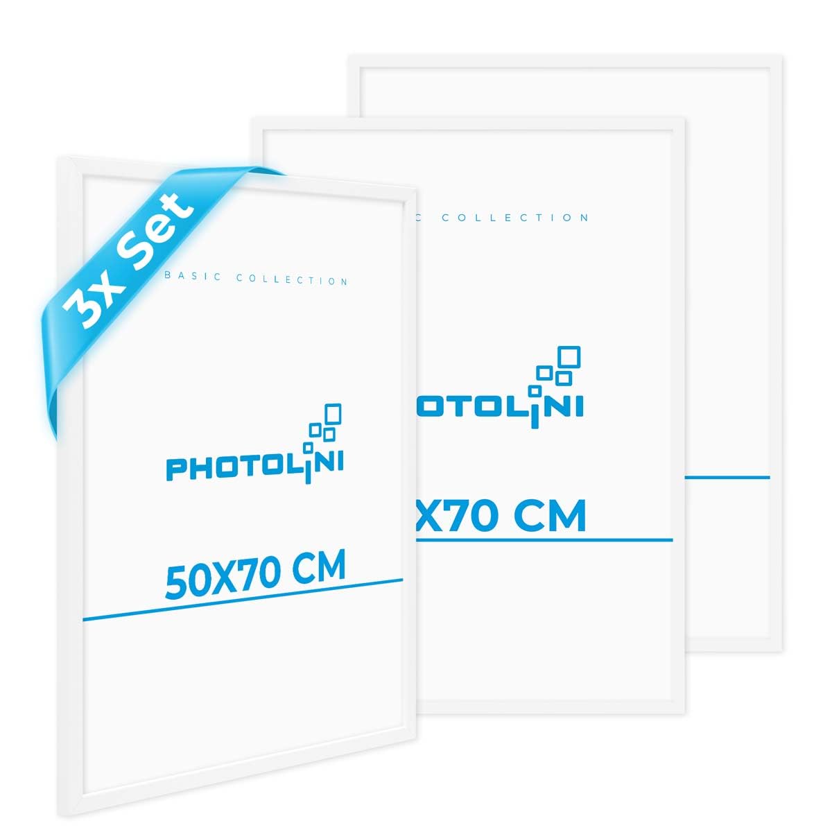 PHOTOLINI Marcos 50x70 cm blanco madera MDF, set de 3 marcos para pósteres, cristal acrílico, para colgar, incluye accesorios - para fotos, láminas y pósteres