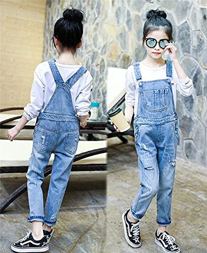 Kidscool Space Girls Big Bibs Pockets Ripped Holes Washed Cotton Jeans Overalls,Blue,5-6 Years #TOP2