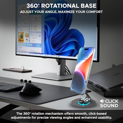 Image of Amkette Ergo 360 Alloy Mobile Stand for Desk, Foldable Design with Stable Rotational Metallic Round Base, Multiple Height & Angle adjustments for Smartphones, Tablets & iPad (Black)