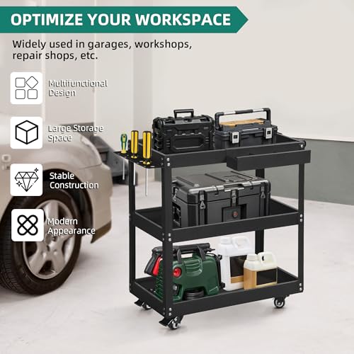 Yitahome MAYIHOZMF7 3-Tier Tool Cart On Wheels, Rolling Metal Service Cart With Screwdriver Hanging Board & Storage Box, Heavy Duty Steel Utility Cart 400Lb Load Capacity thumb #1