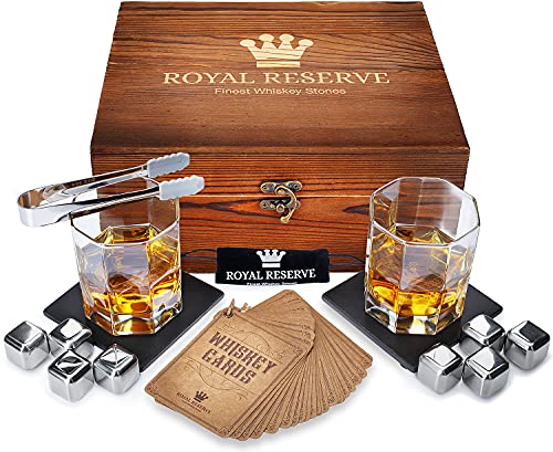 Whiskey Stones Gift Set by Royal Reserve | Mens Birthday Gifts Artisan Crafted Metal Stainless Chilling Rocks Scotch Bourbon Glasses – Gift for Men Husband Dad Boyfriend Anniversary or Retirement