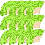 JOHOUSE 12PCS Folding Fabric Fans, Handheld Fabric Fan Foldable Decorative Fans Green Bamboo Fan for Party Favors DIY Wall Decoration