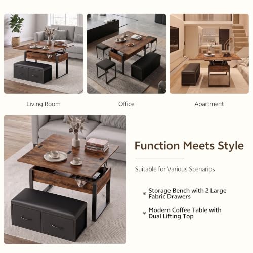 Double Lift Top Coffee Table Set with Bench, Rustic Brown, 31.5 in | 4-in-1 Multi-Function Coffee Table w/2 Storage Fabric Drawers, Dual Lifting Center Table w/Hidden Compartments, Steel Legs - Image 6