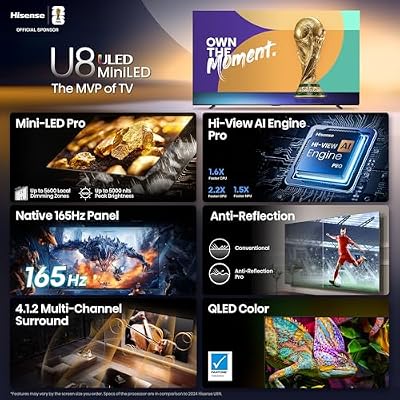 Hisense 55 U8 Series ULED Mini-LED 4K UHD Smart Google TV (55U8QG) - QLED, Native 165Hz, VRR 288, Up to LD5600, 5000 Nits, HDR10+, Dolby Vision IQ Atmos, IMAX Enhanced, 4.1.2 Ch Audio