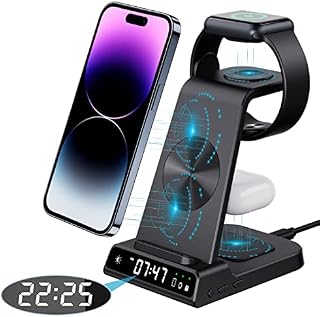 Wireless Charger, 3 in 1 Wireless Charging Station with Clock for iPhone 14 Pro Max 13 12 Pro, Apple Watch Charger Stand for iWatch 8 7 SE 6 5, Charging Station for Apple Devices for Airpods Pro/3/2
