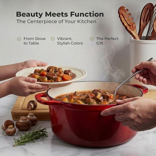 Image of Zulay Kitchen 6.4QT Enameled Cast Iron Dutch Oven Pot with Lid, Heat Pad & Trivet, Heavy-Duty Soup Pot for Stews, Braising, Roasting & Sourdough Bread Baking, Oven Safe up to 500F - Ablaze Red