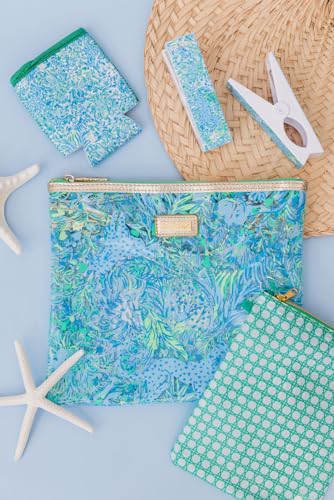 Image of Lilly Pulitzer Water Resistant Vinyl Beach Day Pouch, Zipper Bag Includes Drink Hugger, Small Pouch, and Towel Clips, Dandy Lions, 1 SZ, Beach