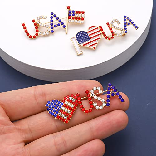 Image of American Flag Brooches 4 th of July Patriotic Red White Blue Rhinestone USA Letter Cross Eagle Map Heart Ribbon Brooch Pin Bulk Vintage Fourth of July Celebrate Independence Day Lapel Pins for Women Men