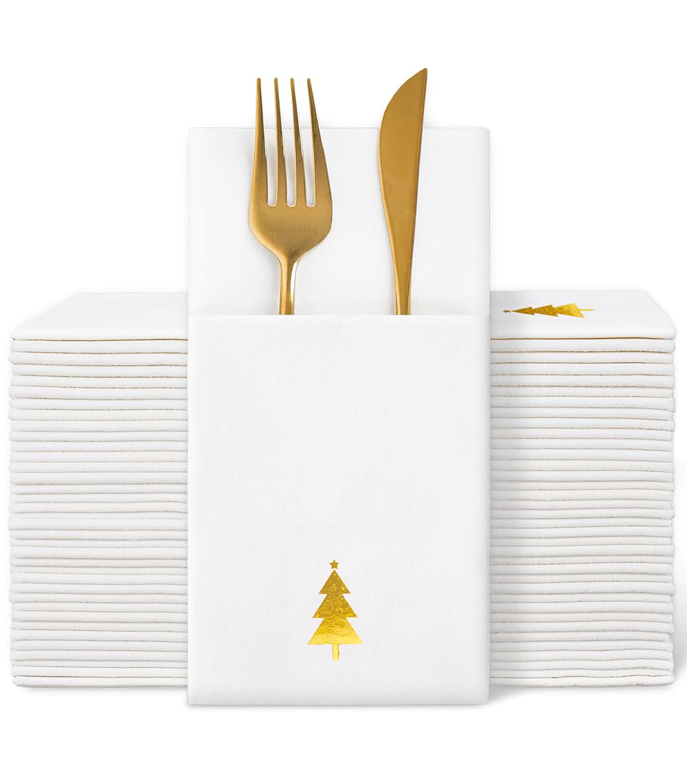 Whaline Lot de 100 serviettes en papier jetables avec poche intégrée pour couverts Motif sapin de Noël Doré