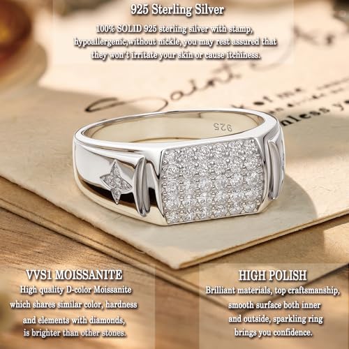 D Color VVS1 Moissanite Rings for Men 925 Sterling Silver Two Star Round Cut Mens Wedding Band Promise Size 9-123