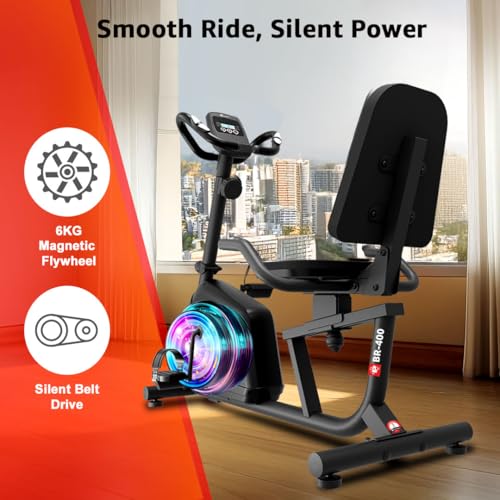 Image of PowerMax Fitness BR-400 Recumbent Exercise Bike for Home | 120kg Max User gym cycle, 6KG Flywheel, 8-Level Magnetic Resistance | Adjustable Seat, LCD Display, Mobile Holder | Quiet Belt Drive Cardio