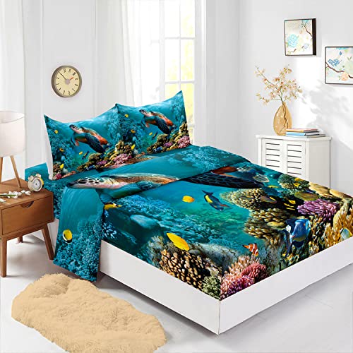 Cvhouse Sea Turtle Fitted Sheet,Ocean Bed Sheet Set Full Size,Turtle Bedding Set For Boys Kids Girls,1 Flat Sheet & 1 Fitted Sheet With 2 Pillow Cases - 4 Piece #TOP1