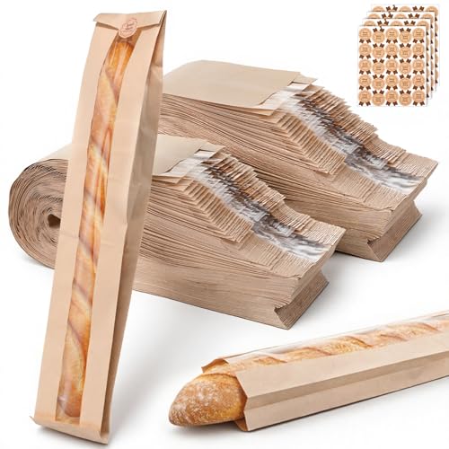 SHENLIU 200 Pack Baguette Paper Bags with Clear Front Window and 200 Seal Stickers Fresh Breads Loaf Packing Bags Long Bread Paper Bakery Storage Bag Biscuits Packaging (23.3 x4.3 x1.6 Inch)