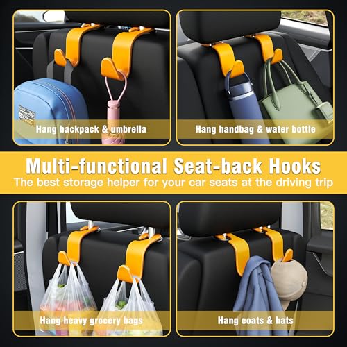 Image of Amooca Car Seat Headrest Hook 4 Pack Hanger Universal Vehicle Car Storage Organizer for Handbag Purse Coat S Type Yellow