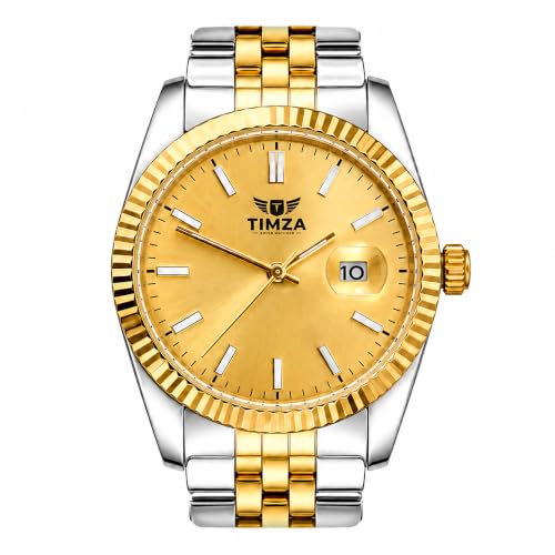 Image of Classic Gold Dial Quartz Watch for Men with Stainless Steel Two Tone Bracelet (Silver-Golden), Magnified Date Window & Water Resistant Build