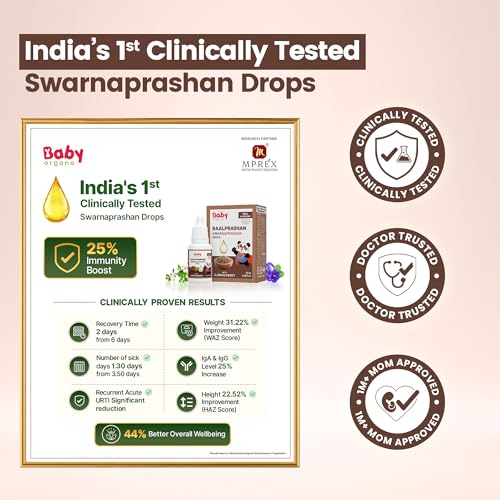 Image of BabyOrgano Swarnaprashan Drops for Kids, 0-15 Yrs, 15ml, Pack of 1 | Suvarnaprashan 24K Gold Drops, Swarna Bhasma, Brahmi, Shankhpushpi, Vacha, Ajwain & Honey, Immunity, Brain & Growth Support | AYUSH Approved | Ajwain Honey | 15ml (Pack of 1)