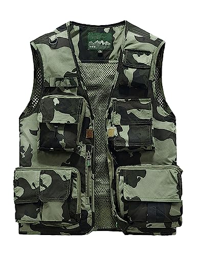Sukany - Veste de travail de loisirs pour homme - Pour l'extérieur, safari, pêche, voyage - Cargo avec photo en maille, gilet multi-poches, camouflage kaki -...