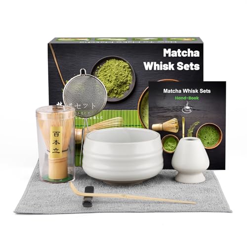 Service à thé japonais, 7 pièces Matcha Kit, Bol à matcha, Fouet à matcha en bambou, Cuillère, support de fouet à matcha, Coffret cadeau, Service à thé matcha en céramique -Matte White