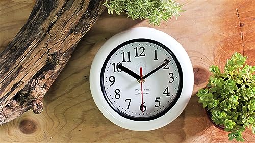 Perfect White Shell Water Resistant Clock, Quiet Non-Ticking Sweep Movement, 6.5" in Diameter, ABS Glass Front, Flexible Options to Hang or to Stand. Withstand Water Vapor and Moisture.