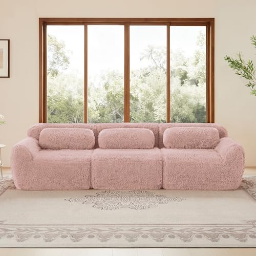 Miniatura 5 de Bnuz Sofá Profundo De 3 Plazas, Tela De Felpa Rosa, Base Modular, Antideslizante, Sin Montaje, Con Cojín, Soporte Ergonómico, Espuma De Alta Elasticidad