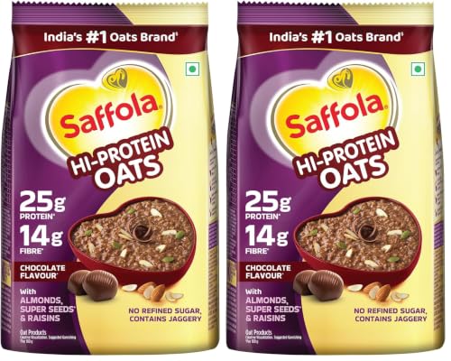 Image of Saffola 25g High Protein Oats | 14g High Fibre | 400g | Chocolate flavour | No Refined Sugar | With Almonds, Raisin, Pumpkin and Chia Seeds | Rolled Oats for Weight management & Muscle gain