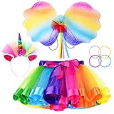Rainbow Tutu Dress Birthday Outfit for Little Girls with Headband and Bracelets (Rainbow+Wing, L, 4-8T)