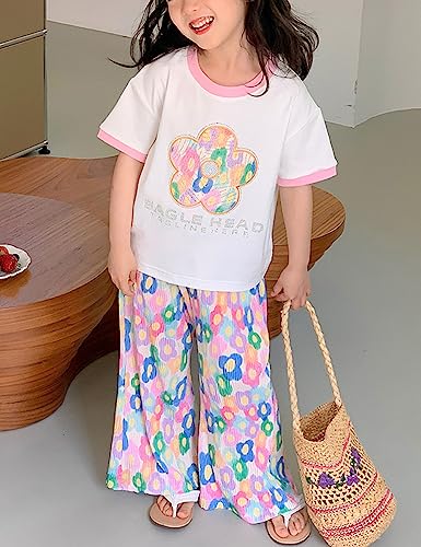 Image of Kiench Girls Wide Leg Palazzo Pants Pleated Silky Flowy Trousers Cute Print