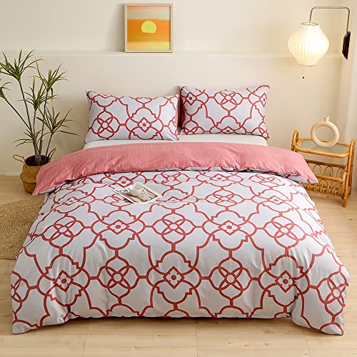 ENEN Juego de Ropa de Cama Estampado Geometría con1 Funda de Edredón, 1 Sábana Bajera Ajustable y 1/2 Fundas Almohada, Juego de Funda Nórdica de Microfibra Suave (Rojo,Cama 105: 200x200cm)