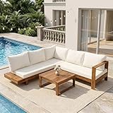 SOOWERY Patio Furniture Set, Outdoor Sectional Acacia Wood Patio Sectional Furniture Set with Coffee Table, L Shaped Outdoor Couch with Thick Washable Cushions