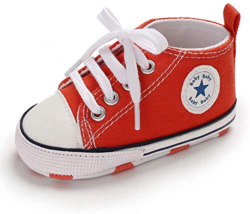 Frobukio Baskets en toile pour nouveau-né - Semelle souple antidérapante - Pour premiers marcheurs, Orange, 6-12 mois Cover
