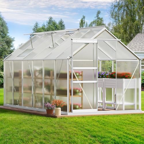 YITAHOME 12x6FT Polycarbonate Greenhouse Large Heavy Duty Green Houses Outdoor Aluminum Greenhouses with Sliding Doors Vent Window Walk-in Greenhouse for Garden Backyard, Silver