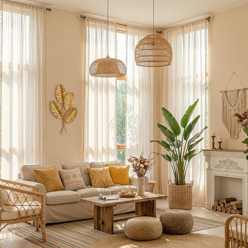 Image of MYSKY HOME Linen Macrame Curtains for Living Room Bedroom, Semi Sheer Drapes 84 inches Length Farmhouse Boho Style Back Tab Drapes for Sliding Glass Door, 50 inch Wx84 inch L, Linen,2 Panels