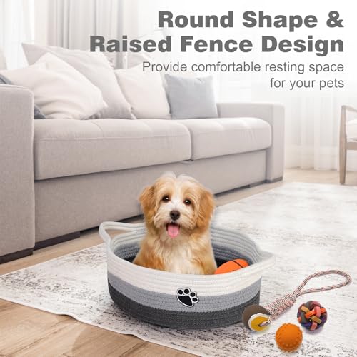 Image of Optish Dog Toy Basket, Toy Box and Bin for Dog Cat Storage, 13.5 inch X 11 inch X 5 inch Small Woven Rope Basket for Baby Storage, Closet, Living Room, White & Grey