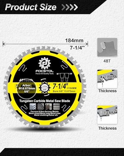 Image of FOCSTOL 7-1 /4 Inch Metal Cutting Saw Blade, 48T TCT Carbide Tip for Steel, Stainless Steel, Ferrous Metals, 5 /8 Inch Arbor
