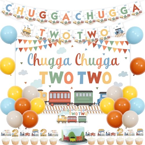 Kreatwow Train 2nd Birthday Party Decorations Chugga Chugga Two Two Backdrop Banner Cake Toppers Railroad Theme Second Birthday Decorations Transportation Theme Two Years Old Party Supplies