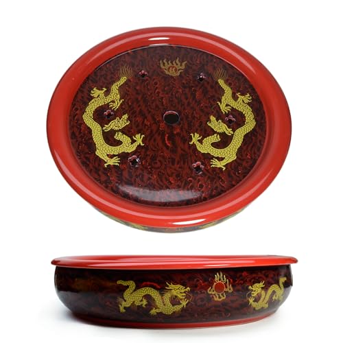 Image of Liang baobao Porcelain Tea Tray, Double-Layer Ceramic Tray with Water Storage Circular for Tea Coffee Serving Table (12 inch Dragon red)