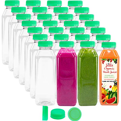 16 OZ Empty PET Plastic Juice Bottles - Pack of 35 Reusable Clear Disposable Milk Bulk Containers with Green Tamper Evident Caps Lids