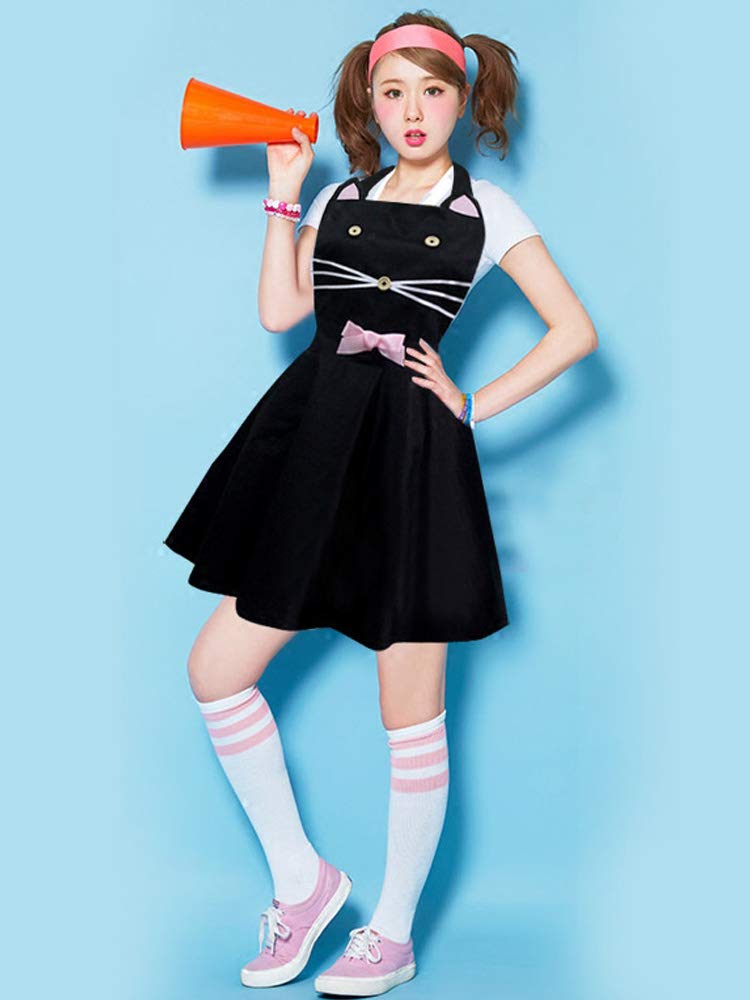 Love Potato Cute Bowknot Cartoon Cat Face Lady's Kitchen Restaurant Women's Cooking Apron with Adjustable Neck for Women Girls, Black