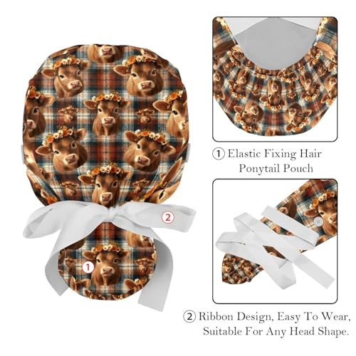 Image of 2 PCS Bouffant Cap with Button Ponytail Pouch Working Cap Sweatband Adjustable Surgical Cap Black and White Cow