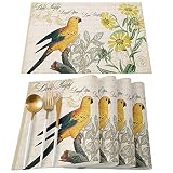 Lot de 6 sets de table en toile de jute lavables, doux, faciles à nettoyer, durables et réutilisables, motif tournesols et oiseaux avec lettres vintage pour table de cuisine, 33 x 48 cm