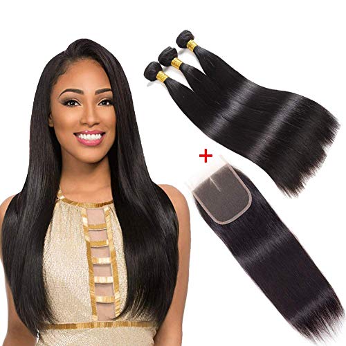 Brazilian Straight Human Hair 3 Bundles With Lace Closure 100% Unprocessed Virgin Hair Straight Bundles With Lace Middle Part Closure Natural Color(8 10 12+8)