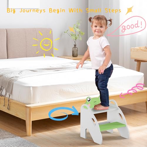 Frog-Themed Toddler Step Stool, 2-Step Stool for Bathroom Sink & Potty Training, Kids Kitchen Helper Stool with Safety Handles (Natural Wood, 120lbs Capacity)(Green) - Image 3
