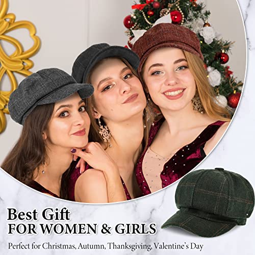4 Pcs Women's Newsboy Hats Beret Cap All Match Girl's Cap Adjustable Octagonal Plaid Green Cap For Autumn Spring Winter #TOP4
