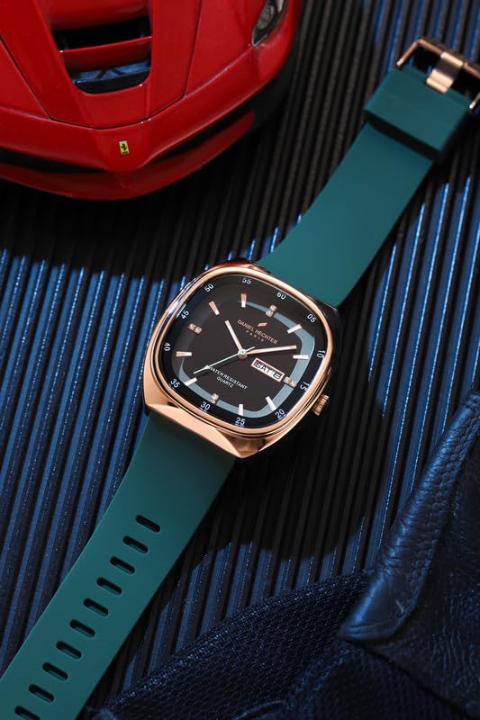 Image of Daniel Hechter Paris Bercy Collection Analog Quartz Watch for Men with Black & Green Square Dial, Day-Date Display, Crystal Hour Markers and Green Silicone Strap - DHM1053-03S
