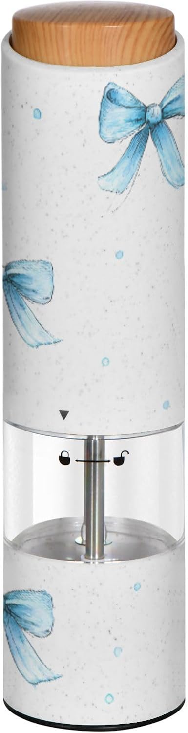 ALAZA Electric Pepper Grinder with Adjustable Coarseness, Light Blue Ribbon Bow Dots Watercolor Pattern Battery Automatic Salt and Pepper Mill with Led, One-Handed Operation Spice Grinder for Kitchen,