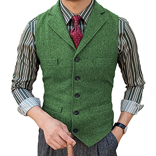 Solovedress Herren Jahrgang Anzug Weste Kerbrevers Casual Tweed Weste für Lässig Geschäft(Grün,L) Cover