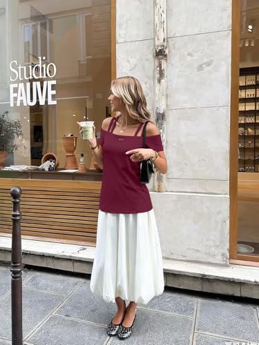 Image of Bliwov Womens Cold Shoulder Tops Short Sleeve Cute Sexy Summer Spring Beach Vacation T Shirts Fashion Outfits Basic Clothes